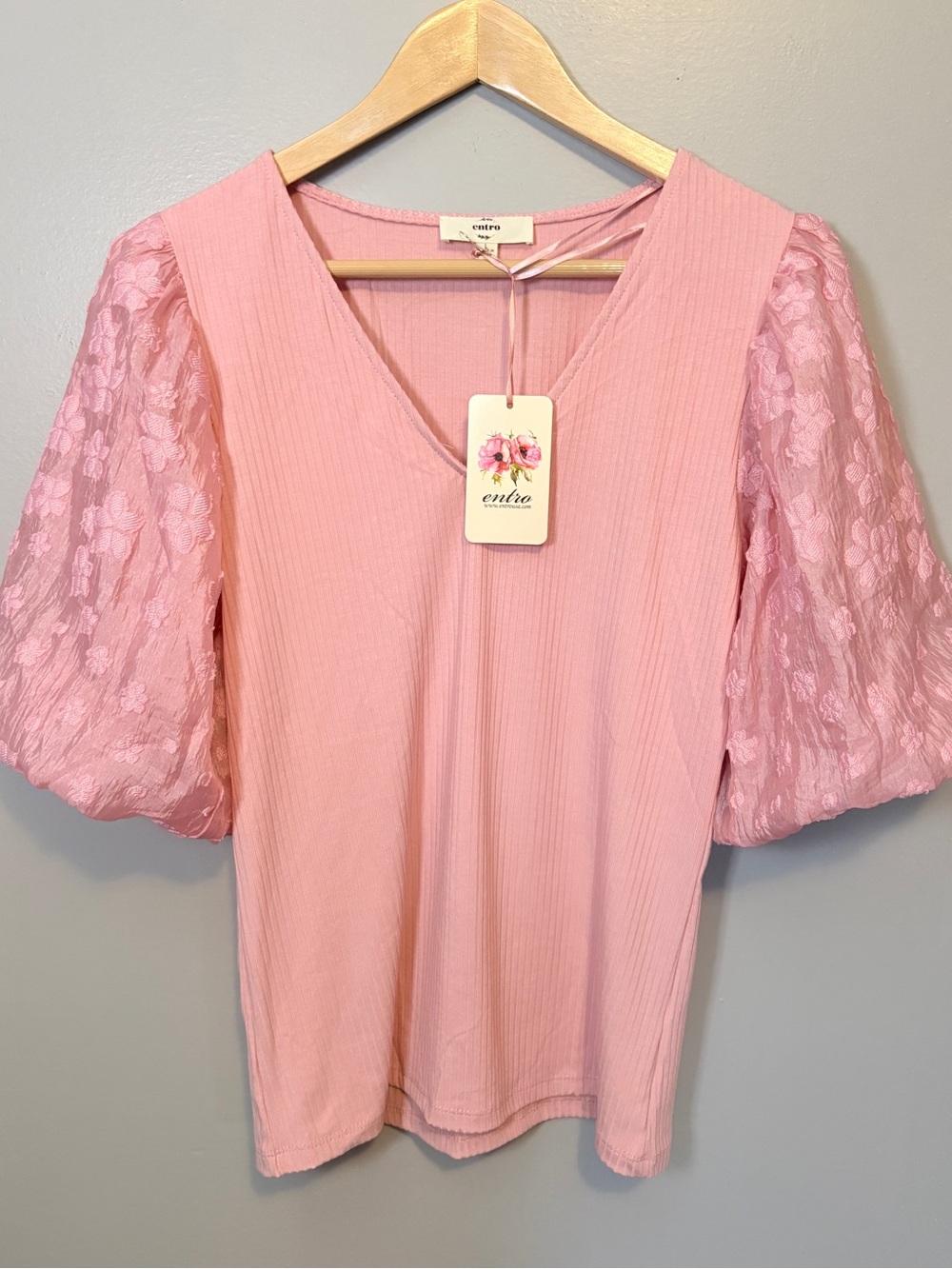 Entro Pink Puff Sleeve Top Large